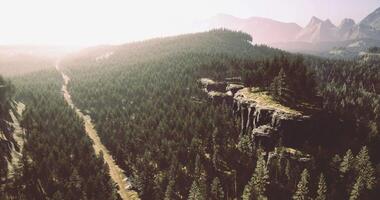 Natures vast landscape with rocky cliffs and dense forests in sunlight video