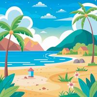 Beach background art with serene ocean waves, sandy shore, and palm trees for social media templates vector