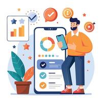 illustration of a man using a smartphone app to analyze customer satisfaction survey scores for data insights vector
