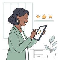illustration of a woman joyfully submitting a 5-star review using a tablet for positive feedback representation vector