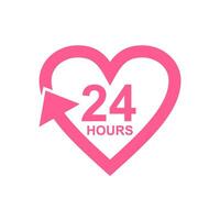 24 Hours Heart Support. Twenty four hours sign. Pink Flat Icon vector