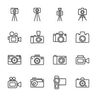 A collection of camera icons, including a camera with a tripod vector