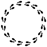 Black footprints arranged in perfect circle formation, isolated, circular pattern of movement. Sequential shoe marks suggest rhythmic dance steps, organized group motion, or being stuck in a loop. png