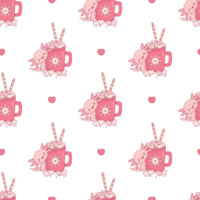 Seamless pattern with pink Axolotl with cup festive hot cocoa with marshmallows png