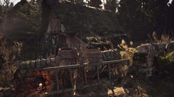 Charming rustic cabin surrounded by nature at twilight with soft lantern glow video