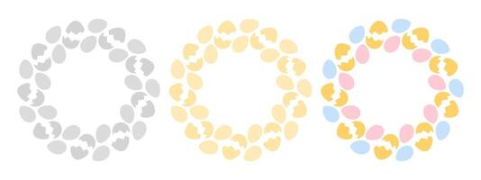 Cracked and Whole Easter Eggs Round Frames borders colorful and grayscale. Copy space Template Set 2. Isolated illustration Thematic card, leaflet, booklet, price tag, label or web promo banner vector