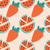 Colorful strawberry with leaves and watermelon slices with seed Seamless Pattern. Summer background. Isolated illustration Wallpaper, wrapping or web promo leaflet background, card, banner, tag vector