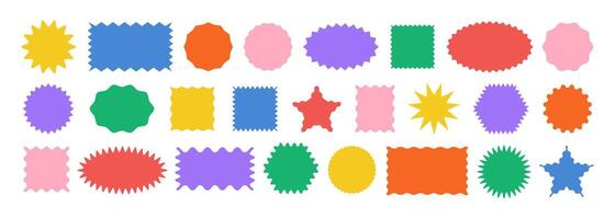 Different geometric shapes with zig zag wavy edge. Rectangle, Oval, Circle, Square. set color elements for design frame, stamp, template and badges vector