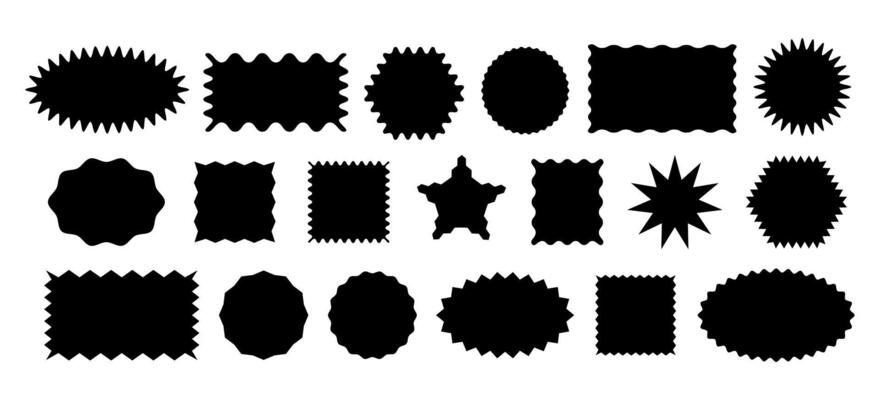 Different geometric shapes with zig zag wavy edge. Rectangle, Oval, Circle, Square. set black elements for design frame, stamp, template and badges