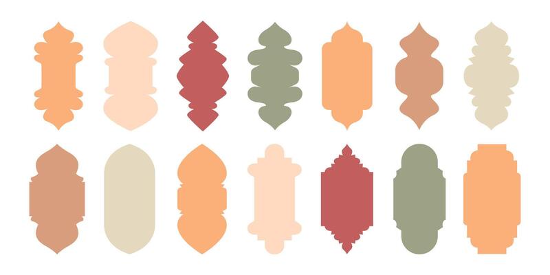 Set shape Islamic door and window silhouette in oriental style. Arabic arch, Muslim architecture design elements, Ramadan frames. boho colors illustration