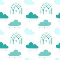 Summer rain with clouds and raindrops, simple pattern with clouds and rainbow with hearts. Cute cozy background in blue tones on white background. vector