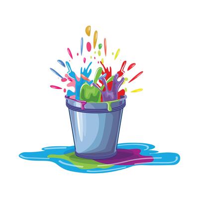 Festive bucket filled with vibrant Holi water splashing out, perfect for art and celebrations