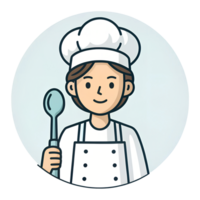 front view of a Chef icon, person in white hat and apron, holding a spoon, isolated on a transparent background png