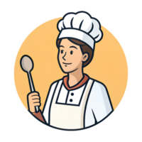 Profile view Chef icon, person in white hat and apron, holding a spoon, isolated on a transparent background png