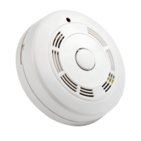 A white smoke detector with a simple circular design and a central button. The detector is shown from a slight angle, isolated on a transparent background png