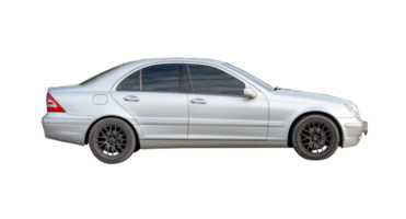 An old model of silver sedan car isolated with clipping path in file format png