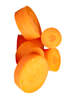 A pile of vibrant orange carrot slices in circle shape isolated with clipping path in file format png