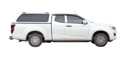 A white delivery pickup truck with cab and roof isolated with clipping path in file format png