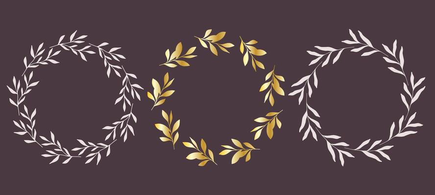 Laurel Wreaths Set. Trendy floral frames with leaves and branches silhouette. Hand drawn silhouettes of branches. Botanical Line Art. Hand drawn graphics. Elegant wedding invitations, save the date