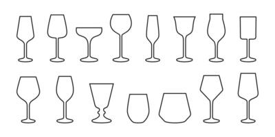 Set of various drink glasses icons. Wineglass icon set. Set of different glasses line icons. vector