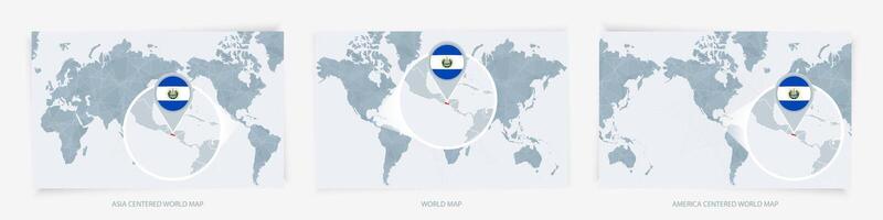 Three versions of the World Map with the enlarged map of El Salvador with flag. vector