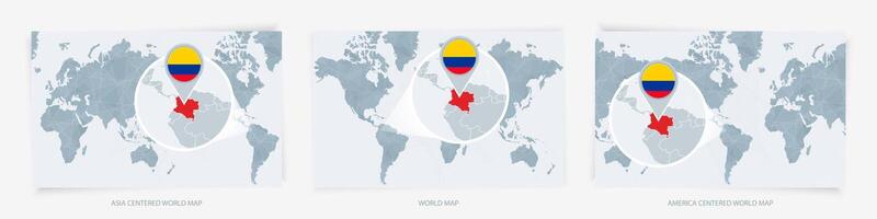 Three versions of the World Map with the enlarged map of Colombia with flag. vector