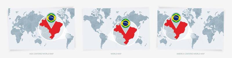 Three versions of the World Map with the enlarged map of Brazil with flag. vector