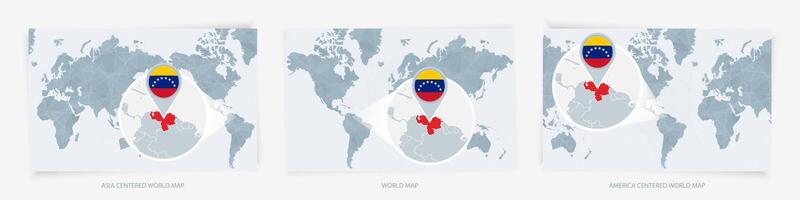 Three versions of the World Map with the enlarged map of Venezuela with flag. vector