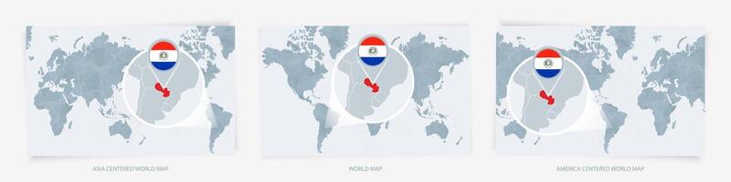 Three versions of the World Map with the enlarged map of Paraguay with flag. vector