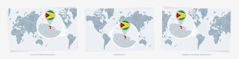 Three versions of the World Map with the enlarged map of Guyana with flag. vector