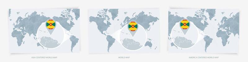 Three versions of the World Map with the enlarged map of Grenada with flag. vector