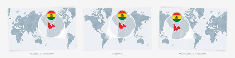 Three versions of the World Map with the enlarged map of Bolivia with flag. vector