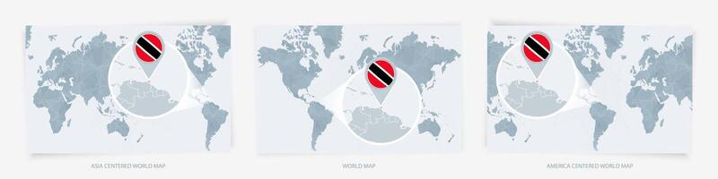 Three versions of the World Map with the enlarged map of Trinidad and Tobago with flag. vector