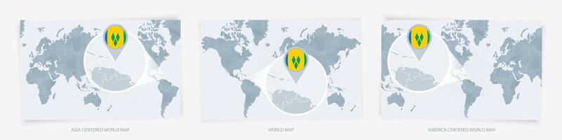 Three versions of the World Map with the enlarged map of Saint Vincent and the Grenadines with flag. vector