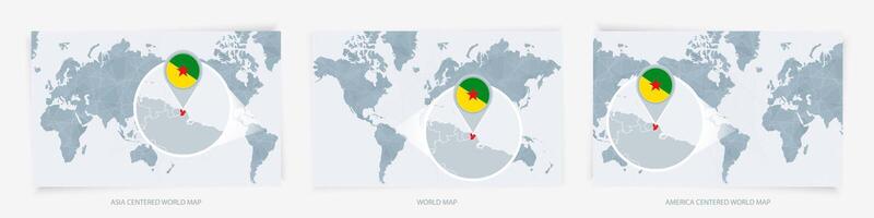Three versions of the World Map with the enlarged map of French Guiana with flag vector