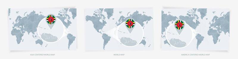 Three versions of the World Map with the enlarged map of Dominica with flag. vector
