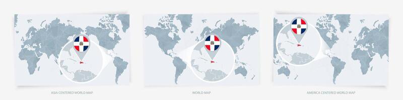 Three versions of the World Map with the enlarged map of Dominican Republic with flag. vector