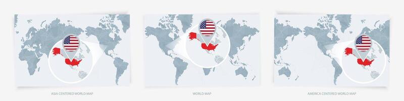 Three versions of the World Map with the enlarged map of USA with flag. vector