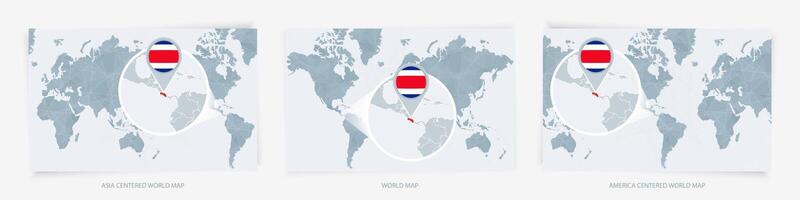 Three versions of the World Map with the enlarged map of Costa Rica with flag. vector