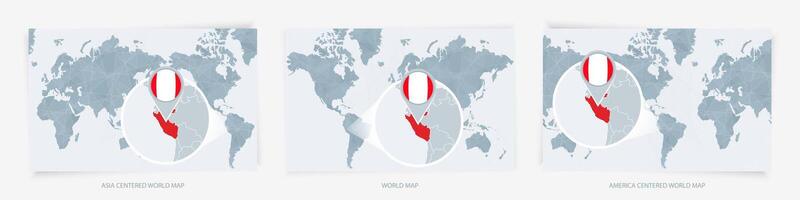 Three versions of the World Map with the enlarged map of Peru with flag. vector