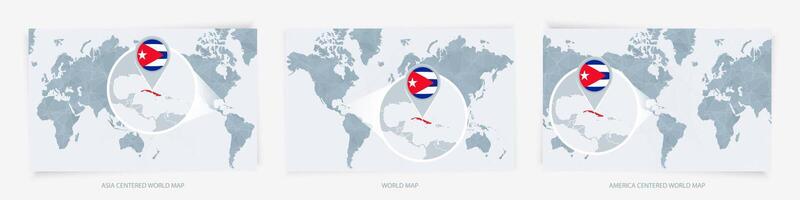 Three versions of the World Map with the enlarged map of Cuba with flag. vector