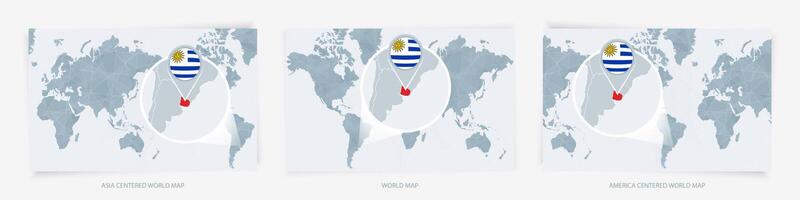 Three versions of the World Map with the enlarged map of Uruguay with flag. vector