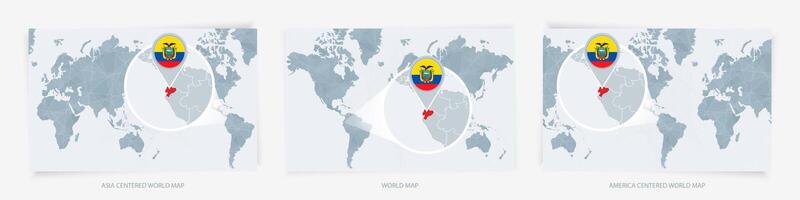 Three versions of the World Map with the enlarged map of Ecuador with flag. vector