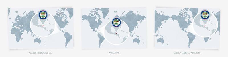 Three versions of the World Map with the enlarged map of Belize with flag. vector