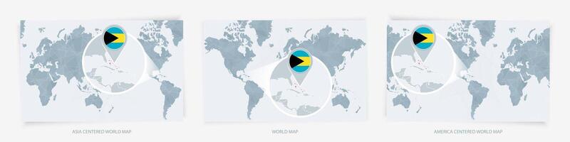 Three versions of the World Map with the enlarged map of The Bahamas with flag. vector