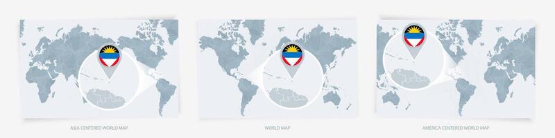 Three versions of the World Map with the enlarged map of Antigua and Barbuda with flag. vector