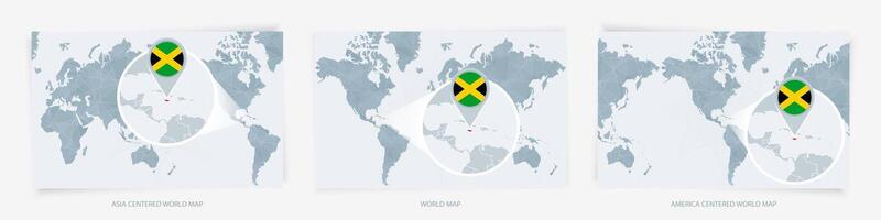 Three versions of the World Map with the enlarged map of Jamaica with flag. vector