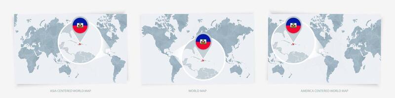 Three versions of the World Map with the enlarged map of Haiti with flag. vector