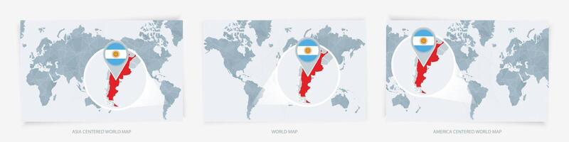 Three versions of the World Map with the enlarged map of Argentina with flag. vector