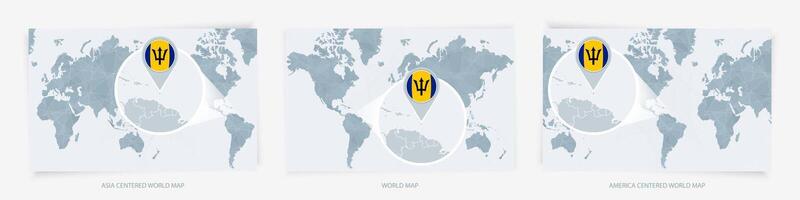 Three versions of the World Map with the enlarged map of Barbados with flag. vector